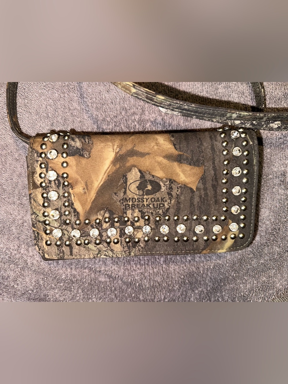 Mossy Oak Brown and Green Camo Studded Crossbody Clutch